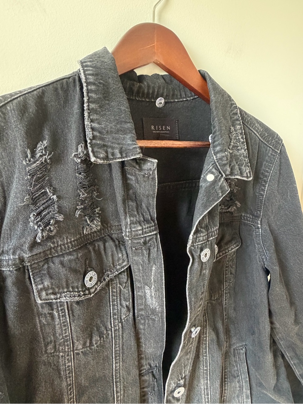 RISEN | Black Distressed Denim Trucker Jacket | Size Medium - Picture 5 of 10